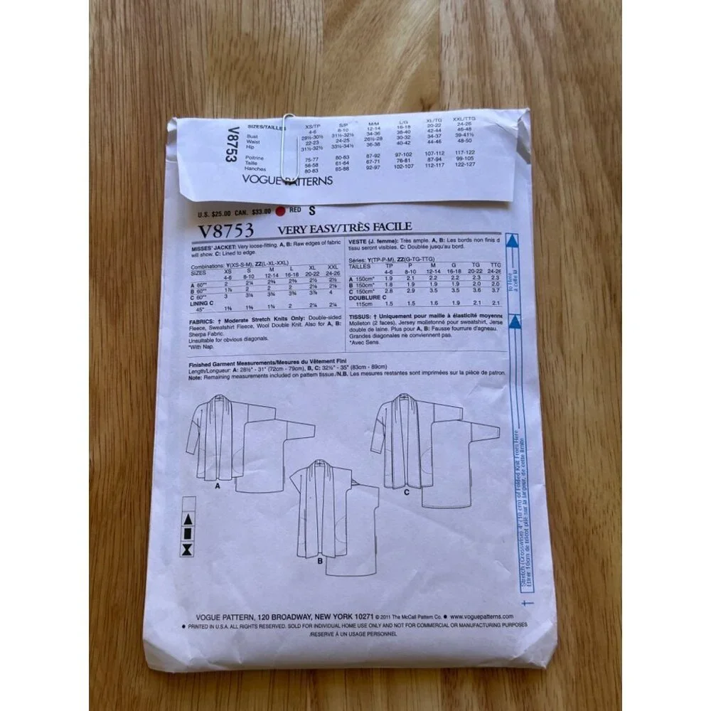 Vogue # V8753 Jacket Sewing Pattern Sizes lRG - XXL SKU 0259 UNCUT